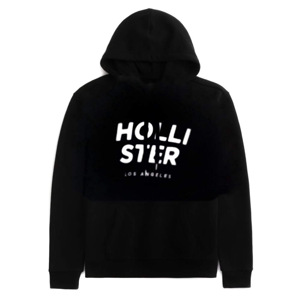 Hollister Los Angeles Logo Black and White Hoodie with Kangaroo Pouch Pocket